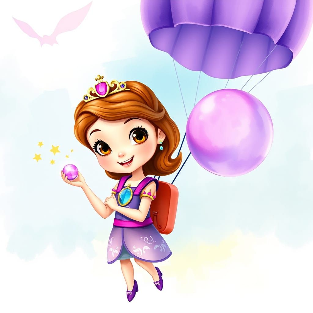 Princess Sofia with Parachute, in Whimsical Watercolor Style