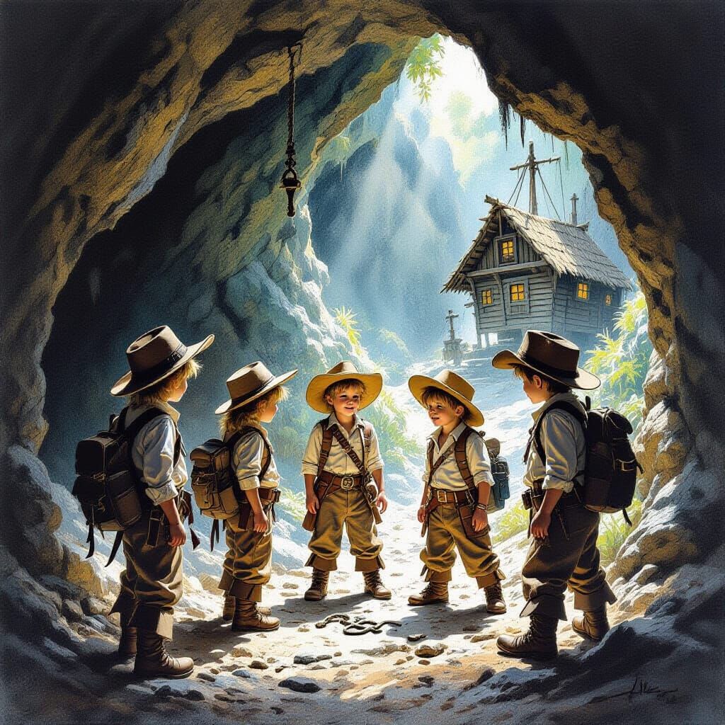 Adventurer Children Find Pirate Key in Dark Cave