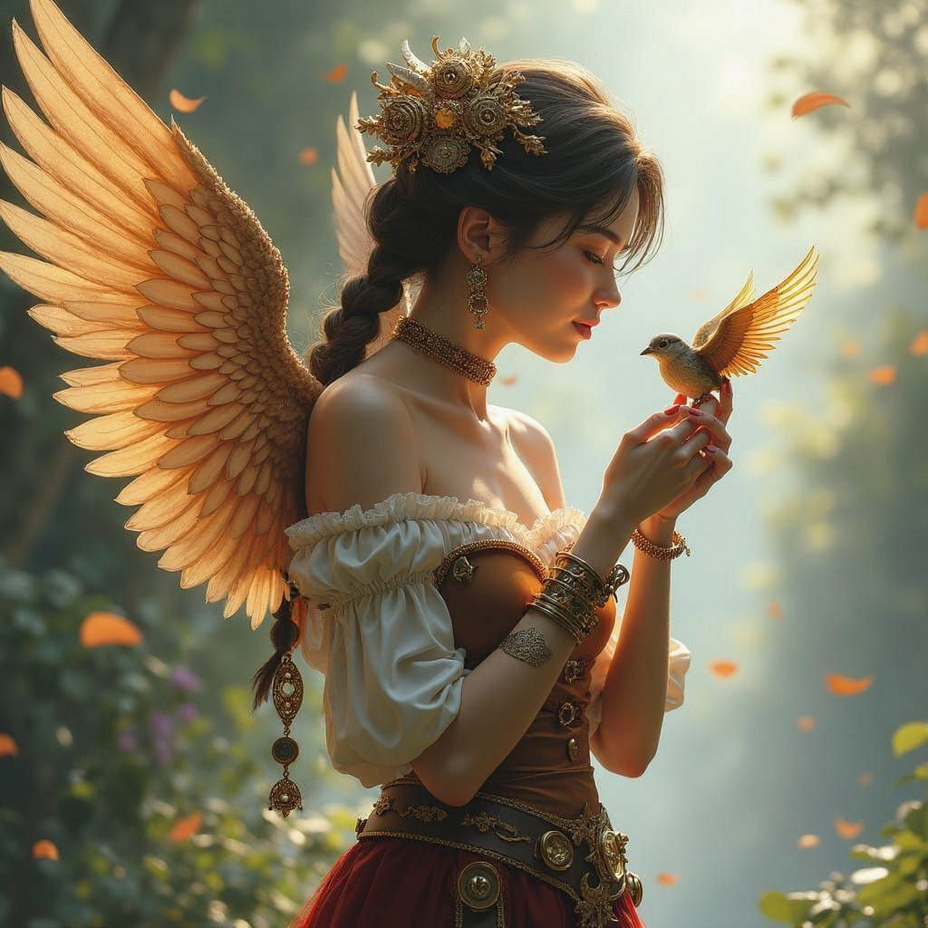 Steampunk Woman with Bird Friend, Fantasy Digital Painting