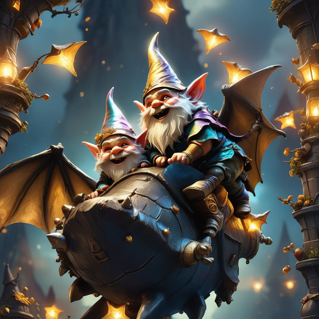 Gnomes Riding Giant Bat in Hyperrealistic Style