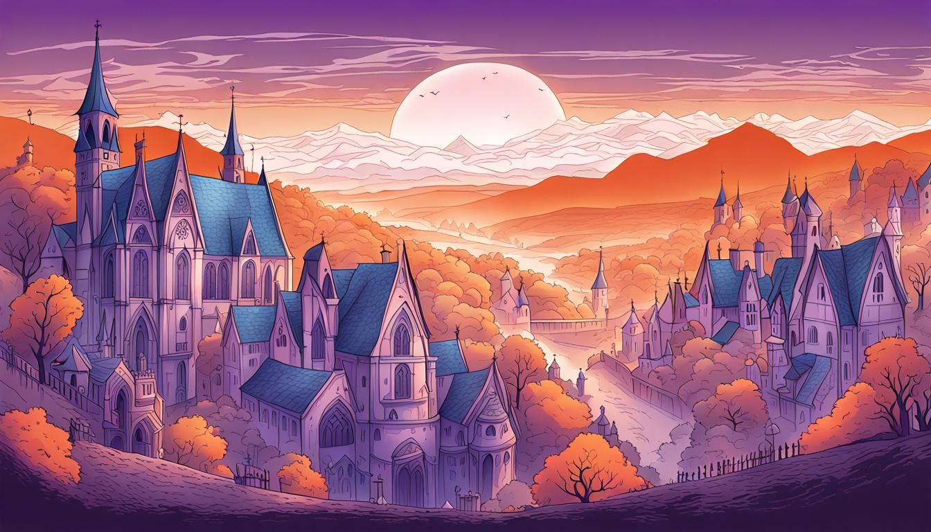 Eerie Gothic Village at Dawn in Comic Book Style