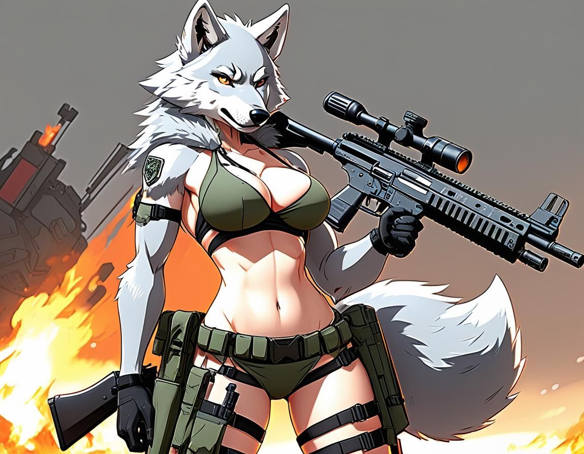 Anime Manga Anthro Wolf: Bikini, Military Gear, Gun