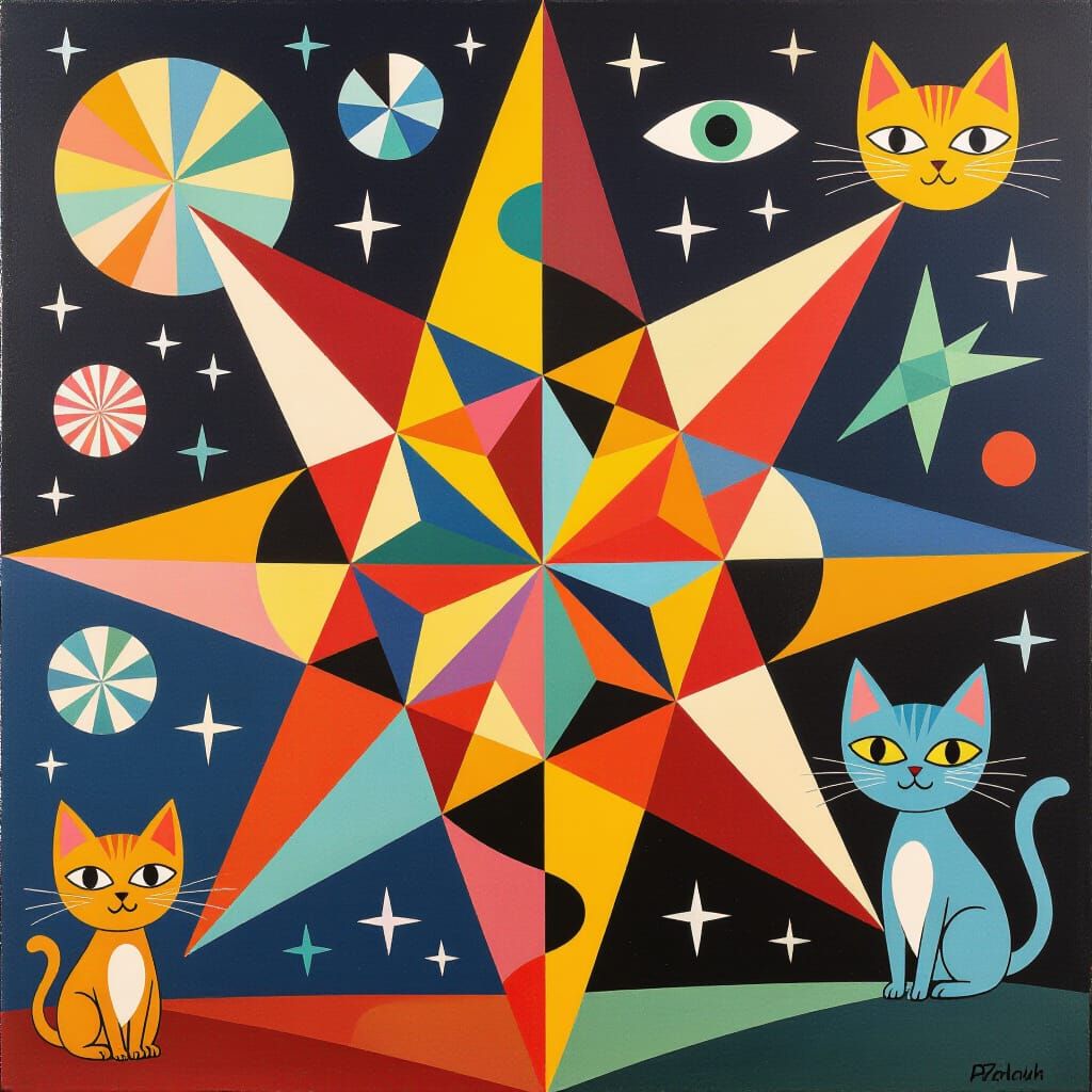 Surreal Starship with Cats and Prism, Inspired by Fontana an...