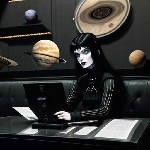 Gothic Model in Futuristic Coffee Shop