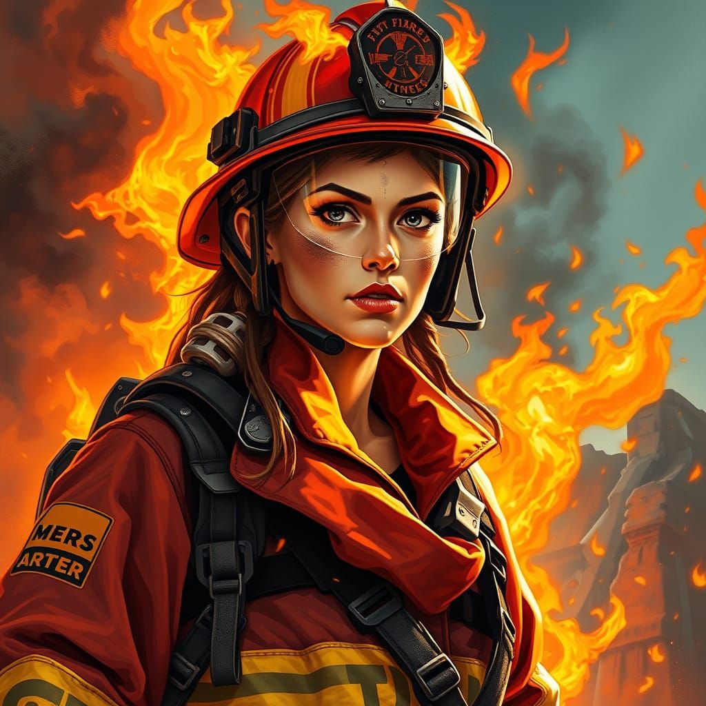 Heroic Firefighter in Raging Inferno, Decorative Art Style