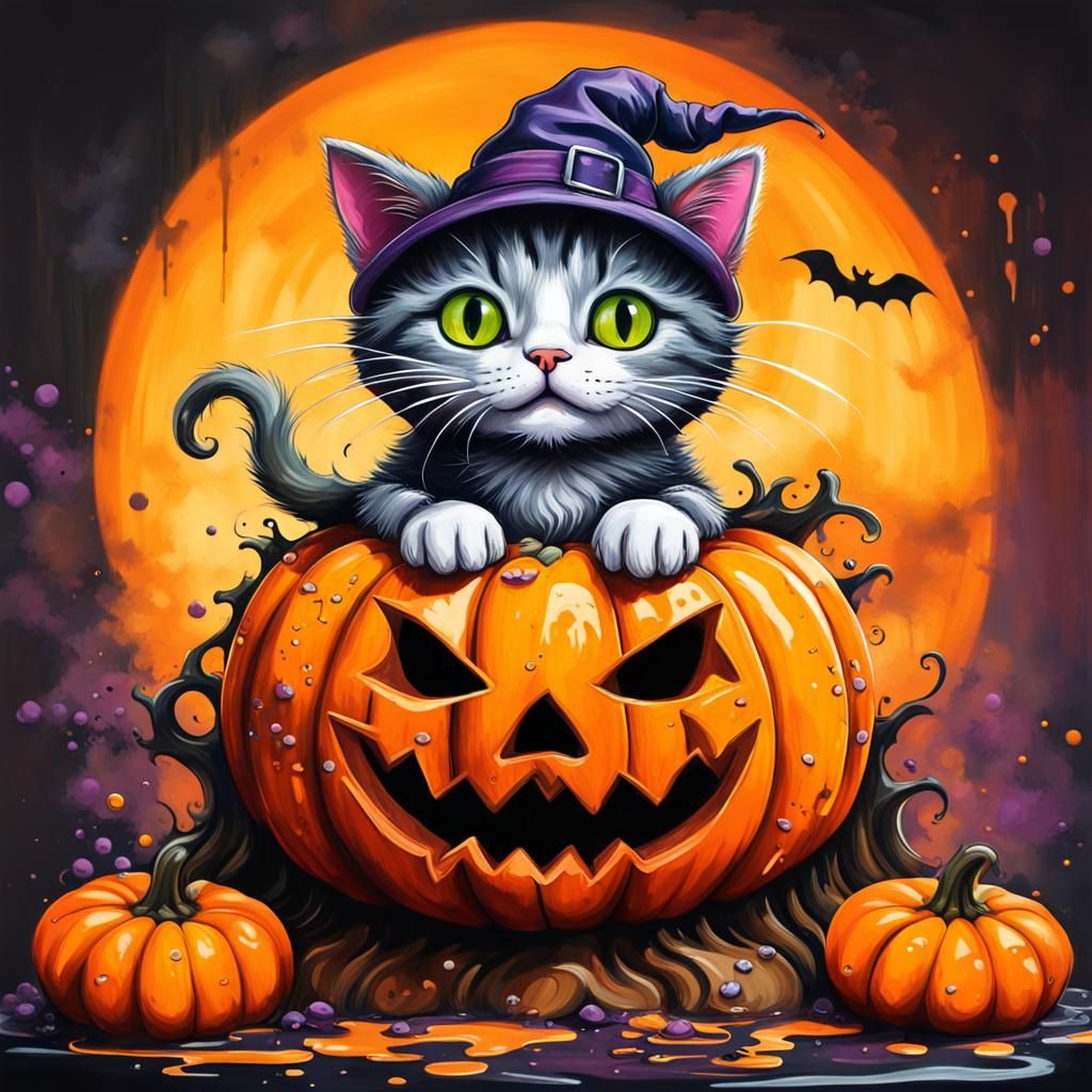 Halloween Kitten on Pumpkin in Graffiti Art Style