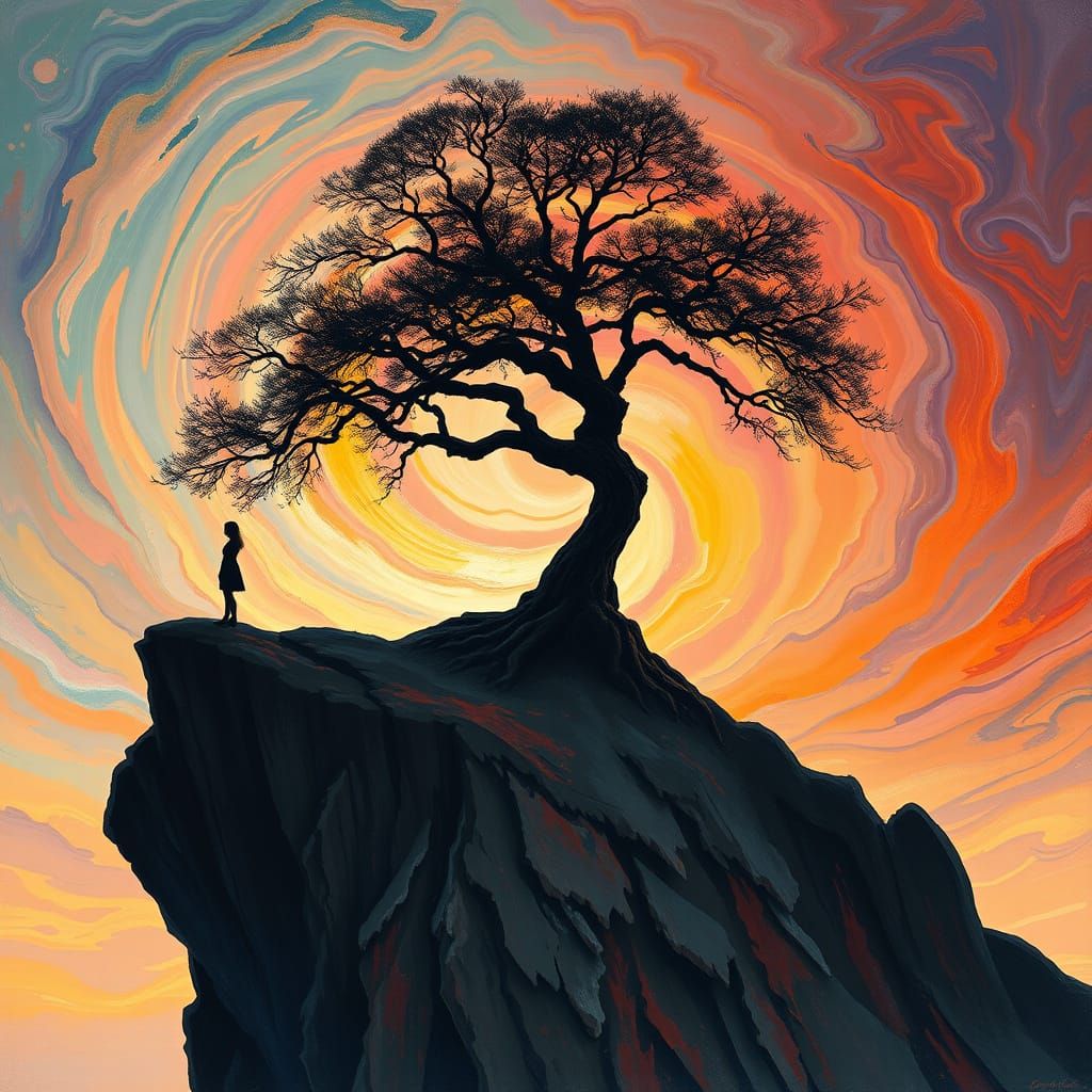 Dreamlike Ash Tree Silhouette on Promontory Headland