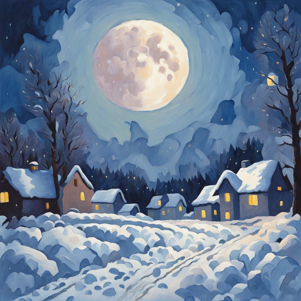 Impressionist Village Under Radiant Moonlight