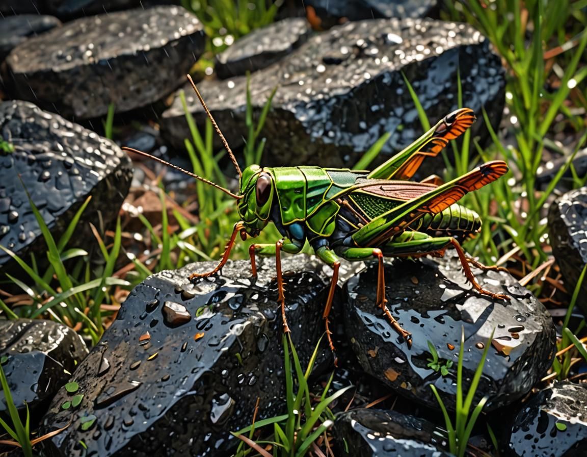 Grasshopper on Rain-Kissed Rocks: Hyperrealistic Photoillust...