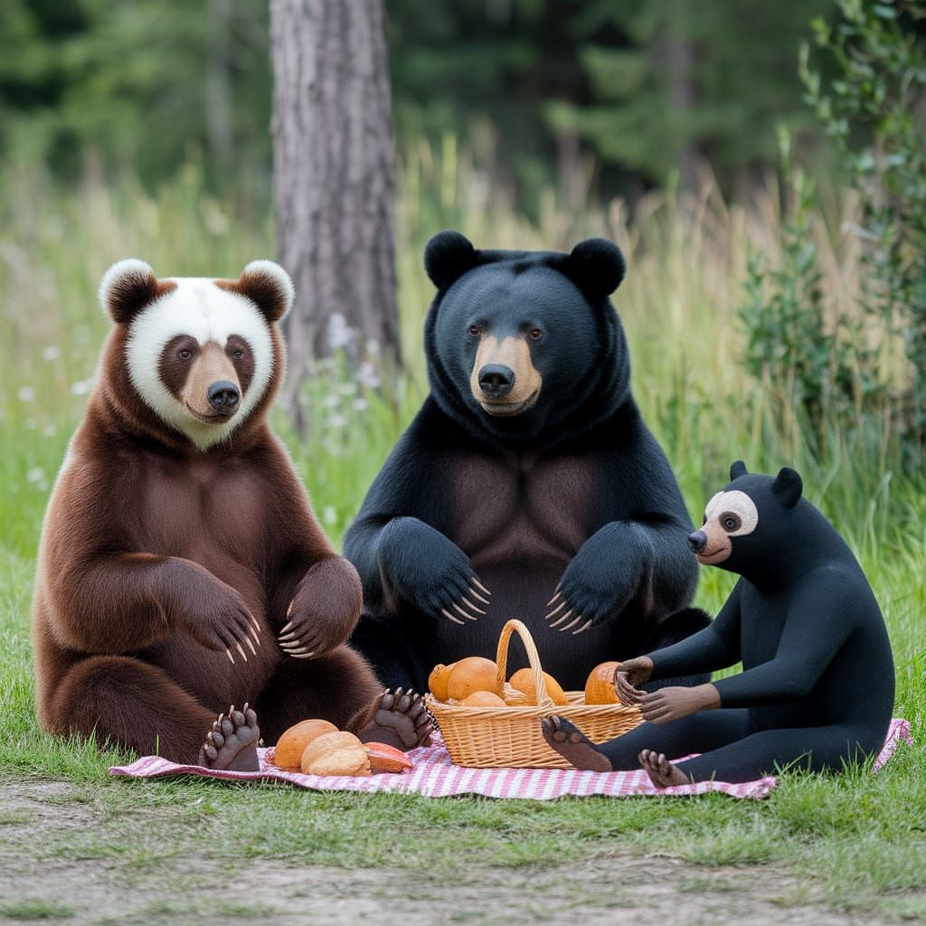 a Spectacled-Bear, A Sun Bear, and a Sloth-Bear, all having a picnic,