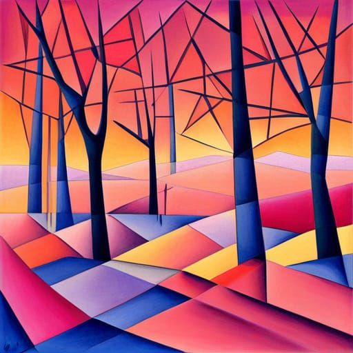 Abstract Pink Grid Trees in Cubist Landscape