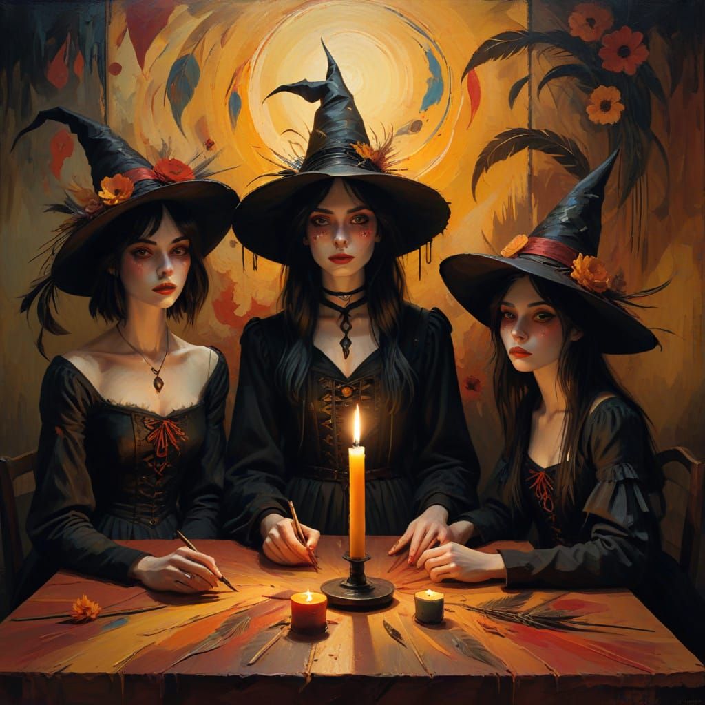 Expressive Teenage Witches Gather Around a Table in a Vibran...