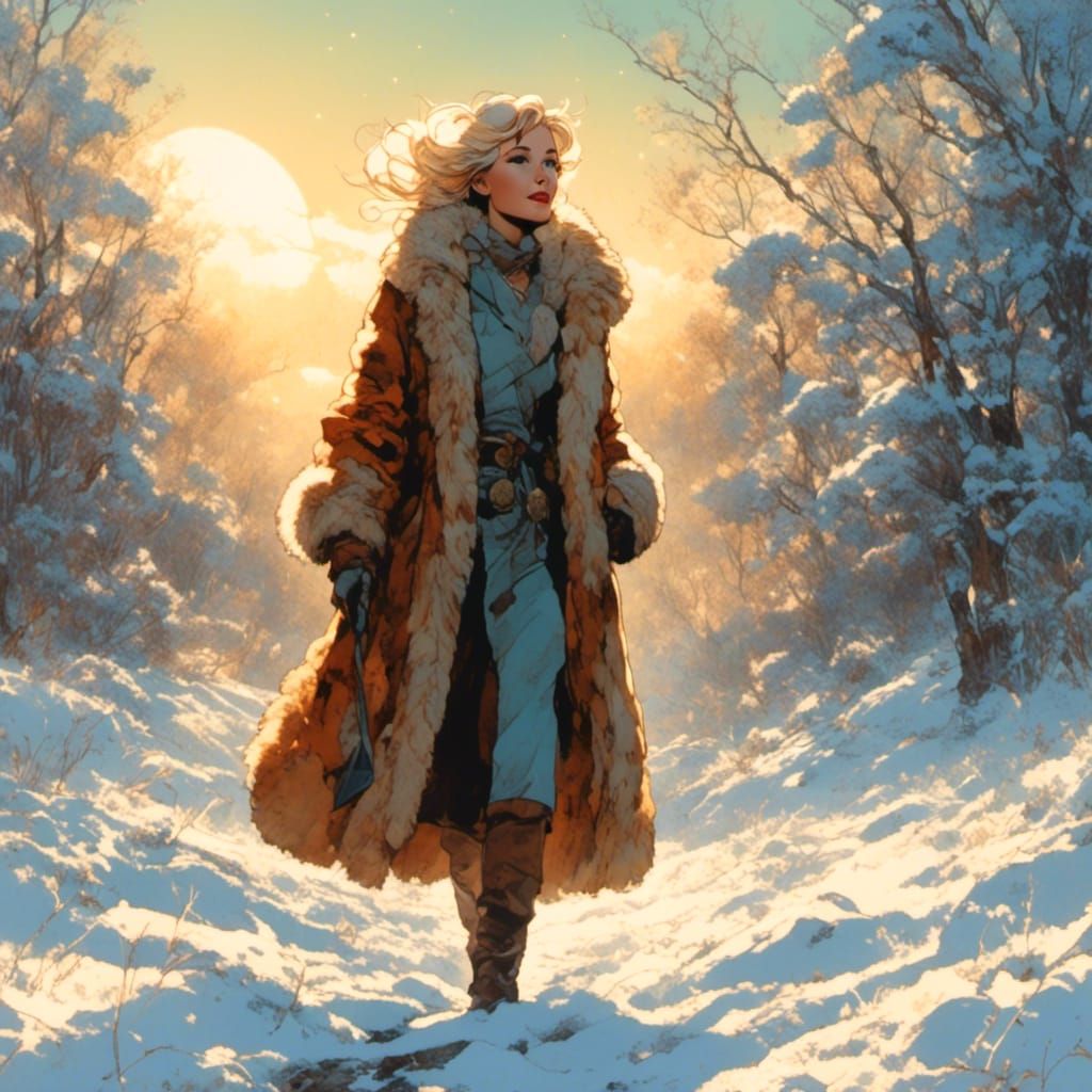 Scandinavian Woman in Snowy Field, Moebius-Style