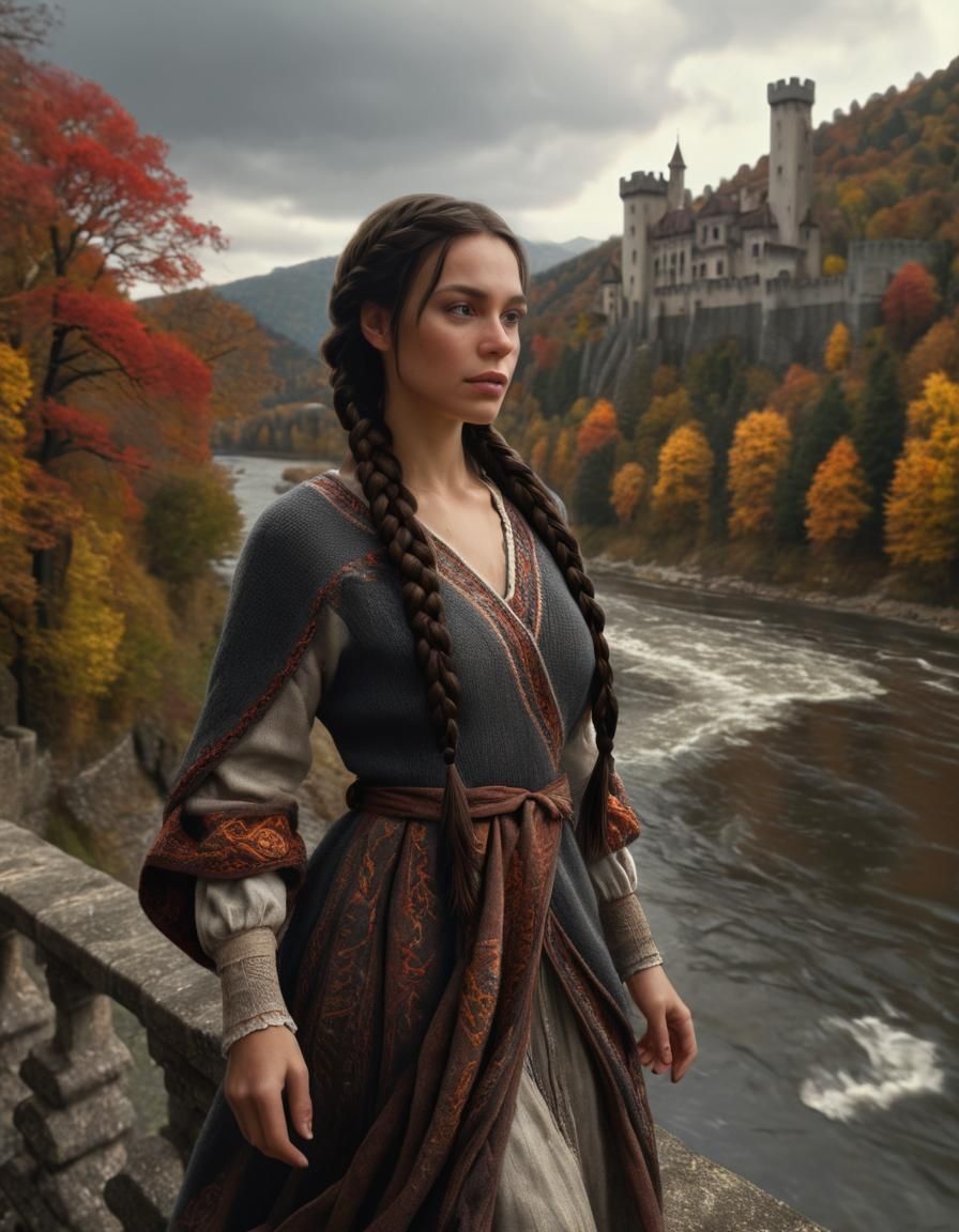 Renaissance Woman on Castle Battlements in Oil