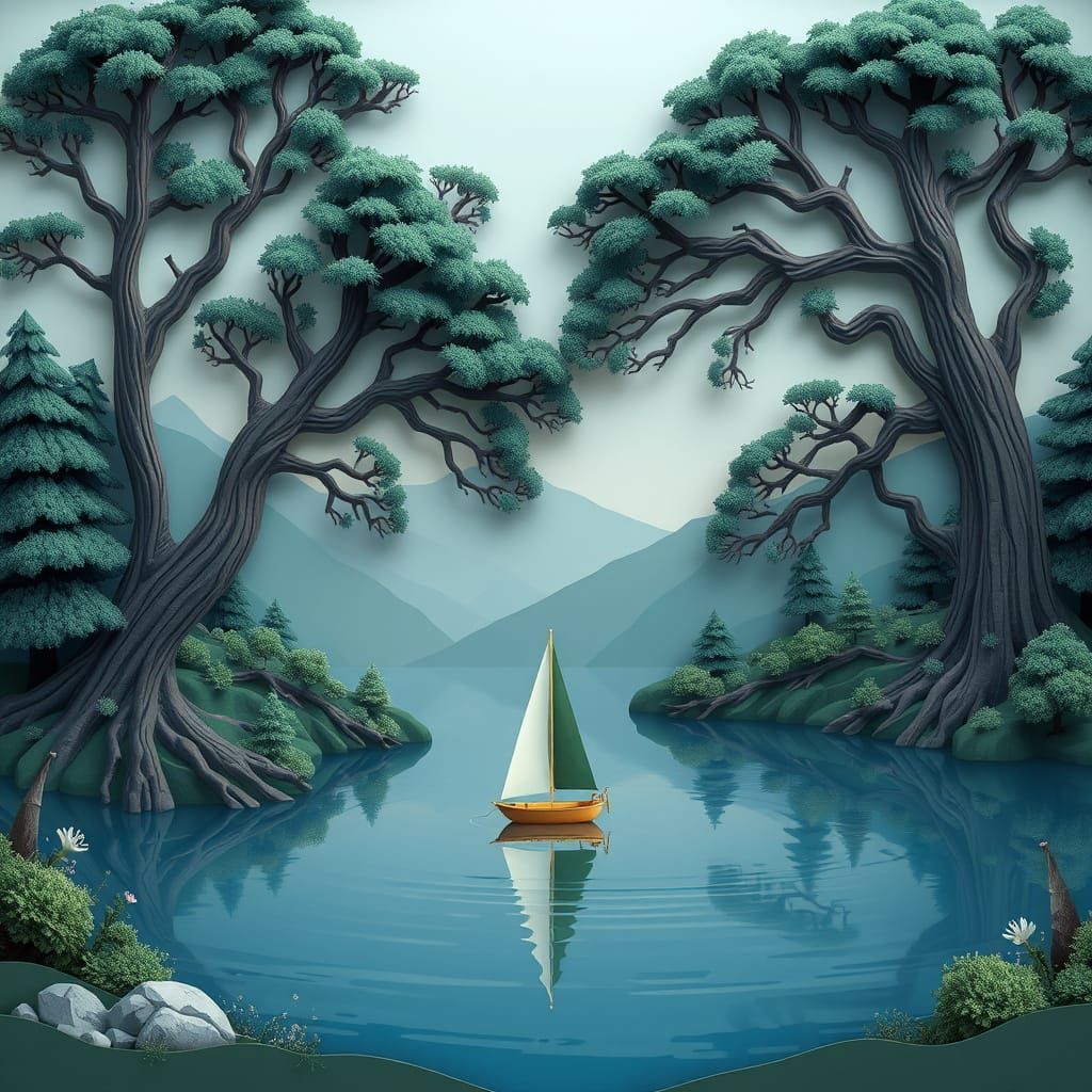 Serenely Majestic Nature Scene in Layered Paper-Cut Style