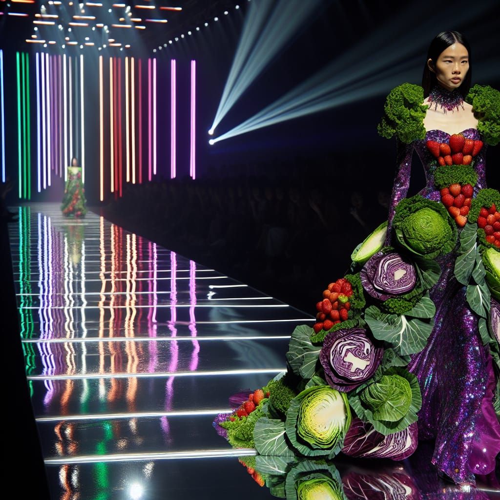 Cabbage Gown: Asian Model on Catwalk in Neon Lights