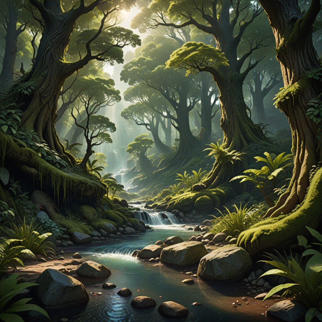 Ethereal Forest River in Vibrant Expressionist Style