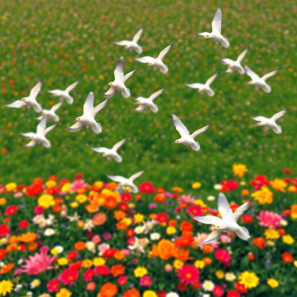 Vibrant Spring Blooms Soar with Flocking Birds in Polka Dot ...