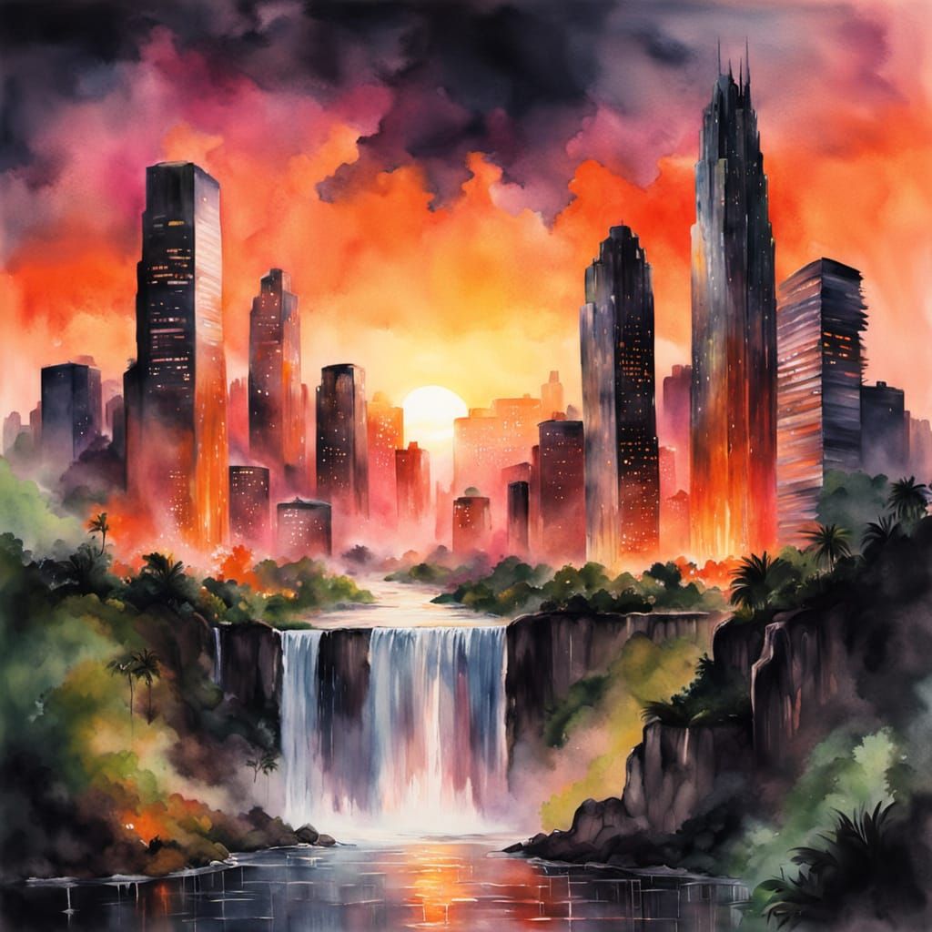 Miniature Cityscape in Hand, Watercolor Splash Art