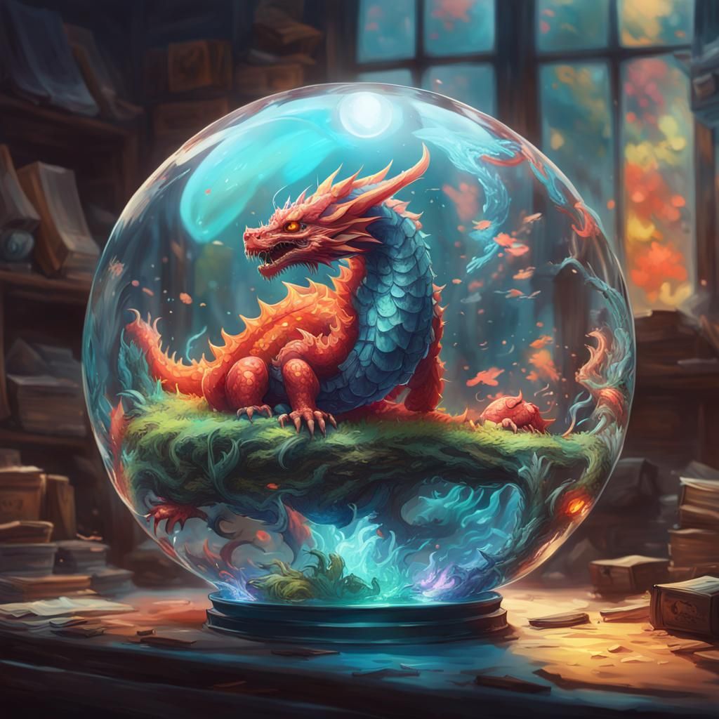 Adorable Dragon in Glass Sphere: Digital Art