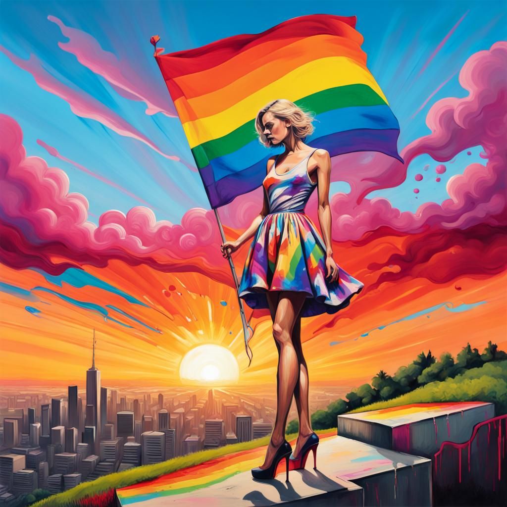 Man in Dress with LGBTQ Flag, as Graffiti Art