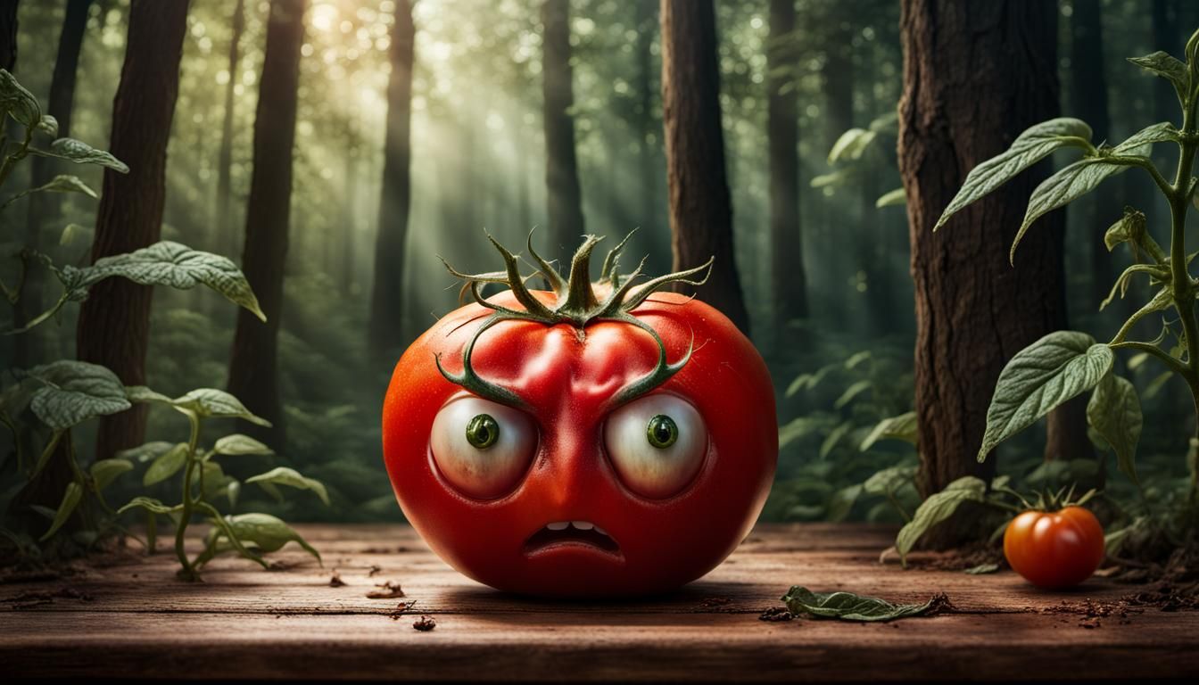 Frightened Tomato in Woods: Hyperrealistic Splash Art
