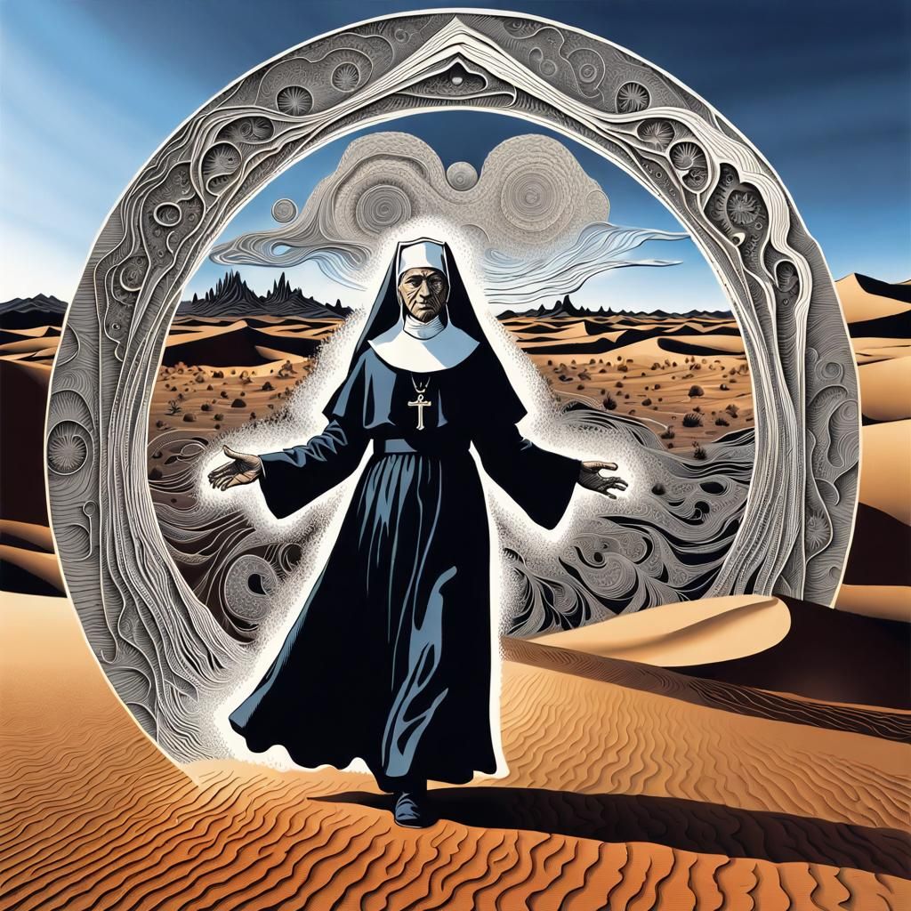 Nun in Desert: Disturbing Woodcut Print