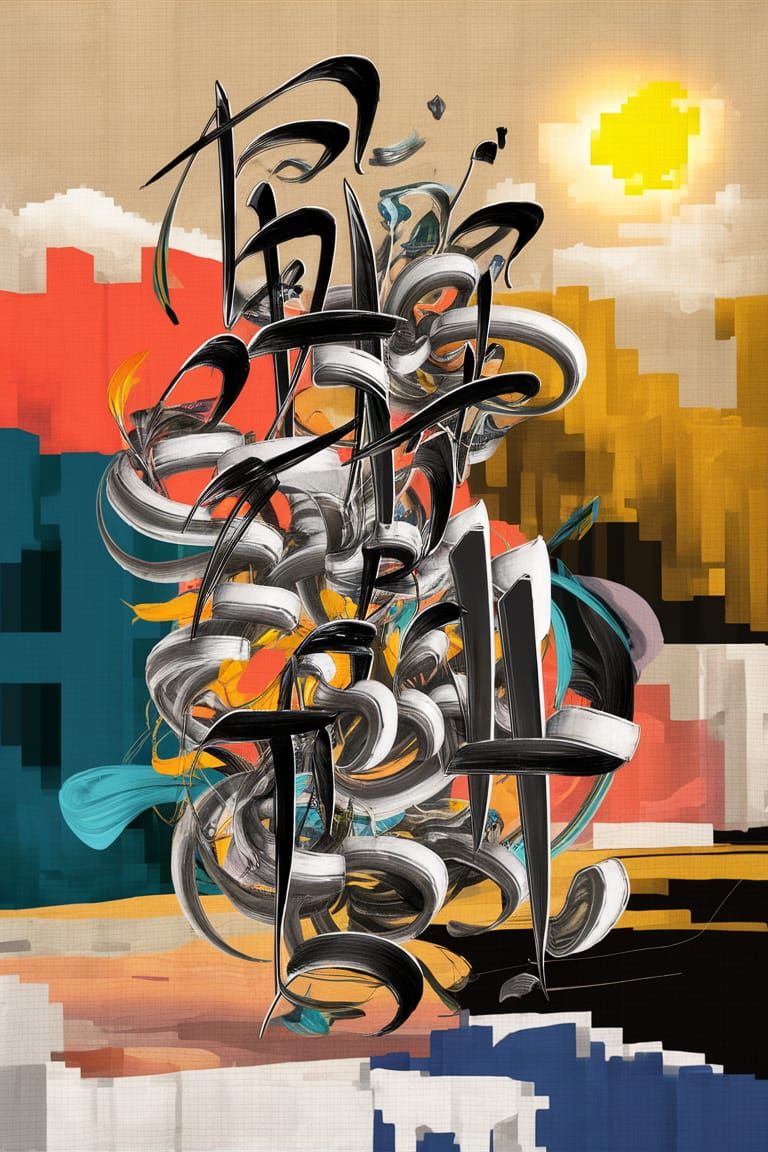 Calligraphy Meets Abstract Art in 8-bit Landscape