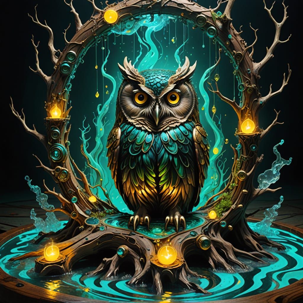 Ancient Majestic Owl in Bioluminescent Surrealism