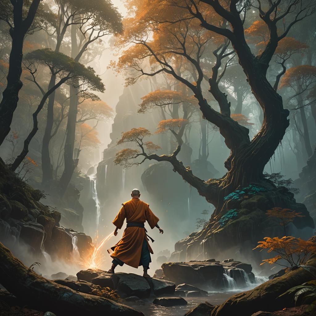Monk Practicing Kung Fu in Misty Forest