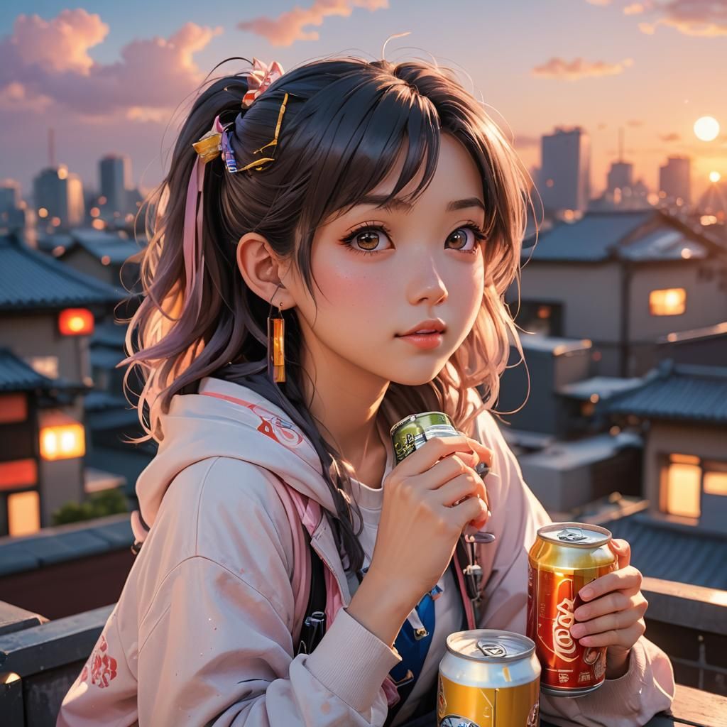 Anime Girl Drinking Beer in Moe Style