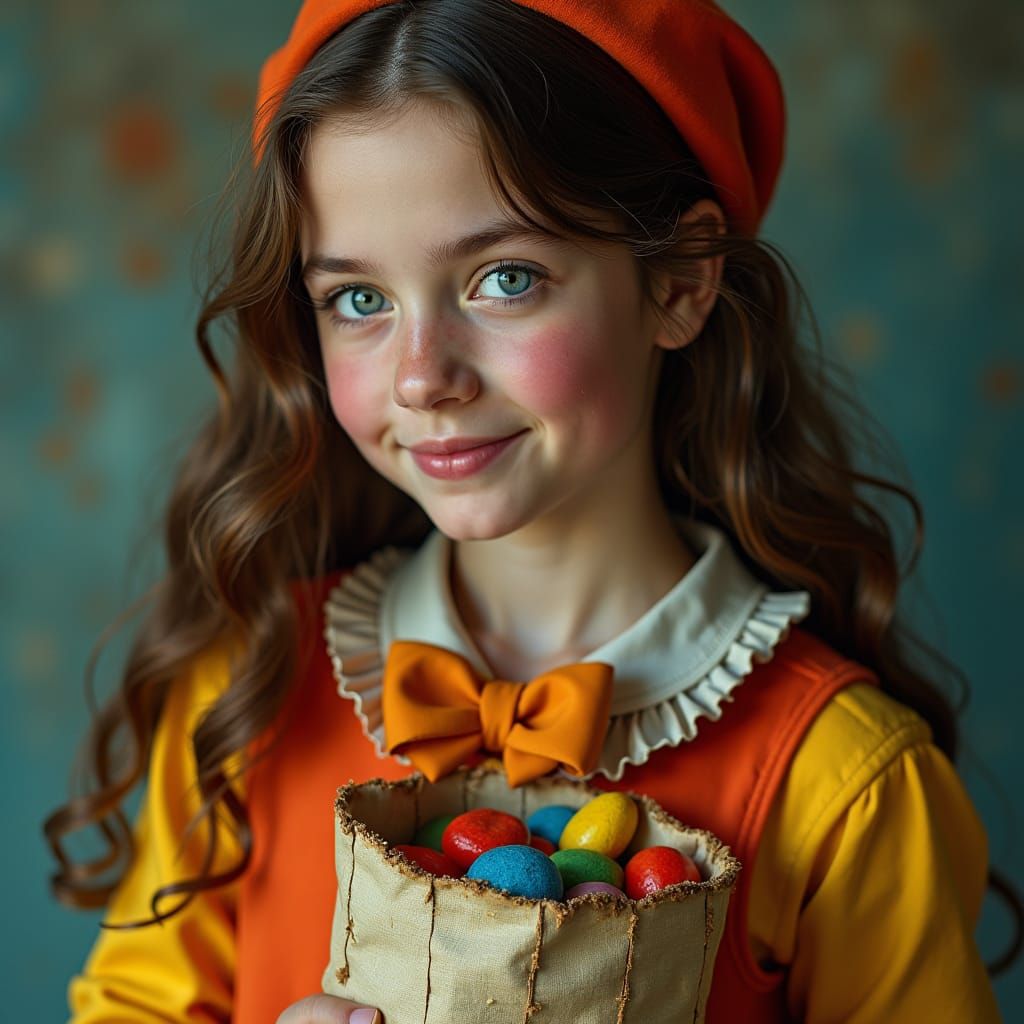 Girl in Clown Costume with Halloween Bag