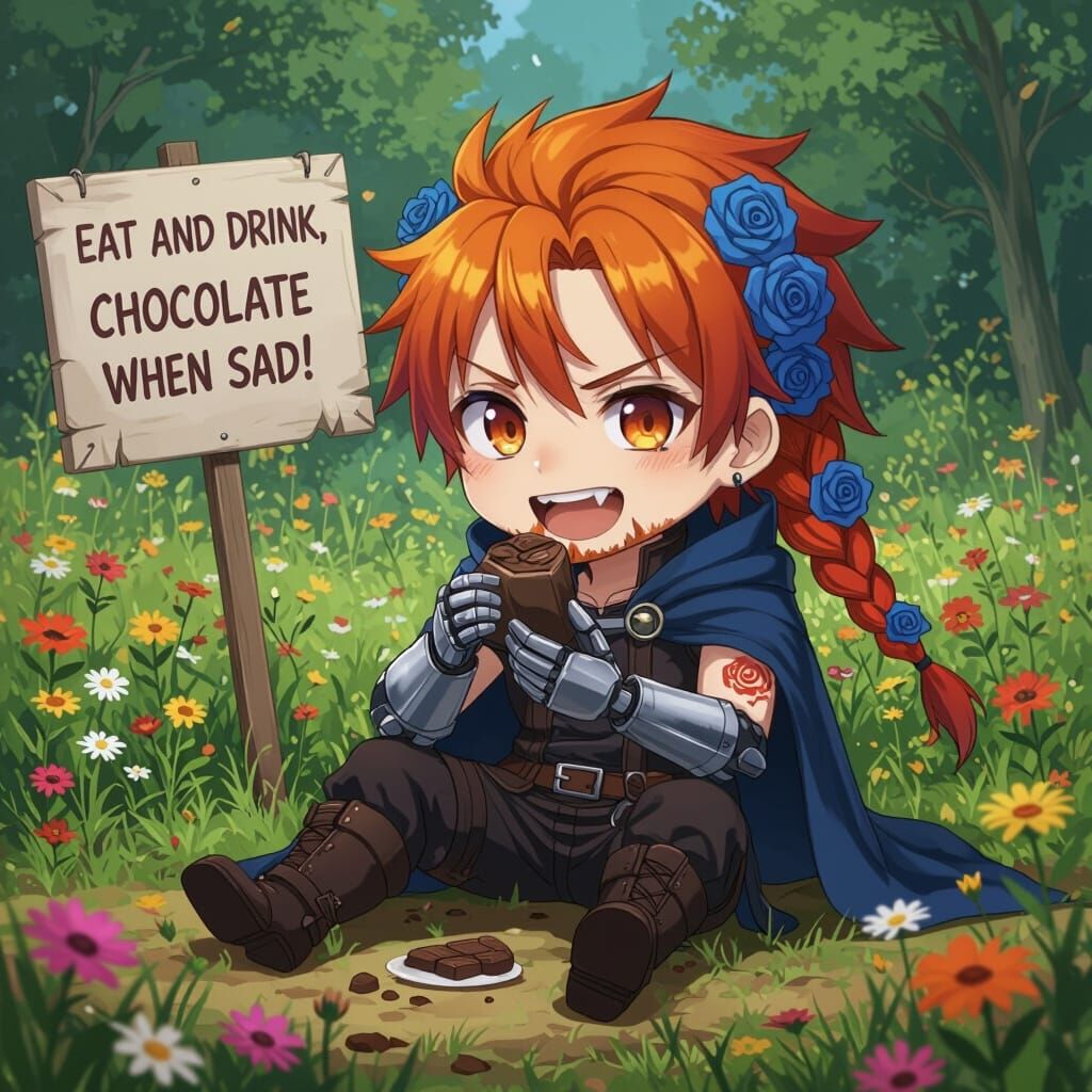 Chibi Man with Orange Hair and Robotic Arm