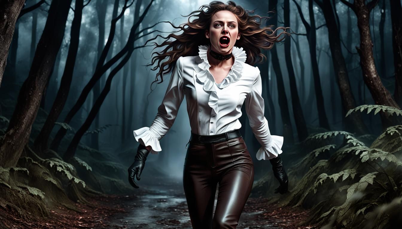 Frightened Woman Runs Through Dark Forest