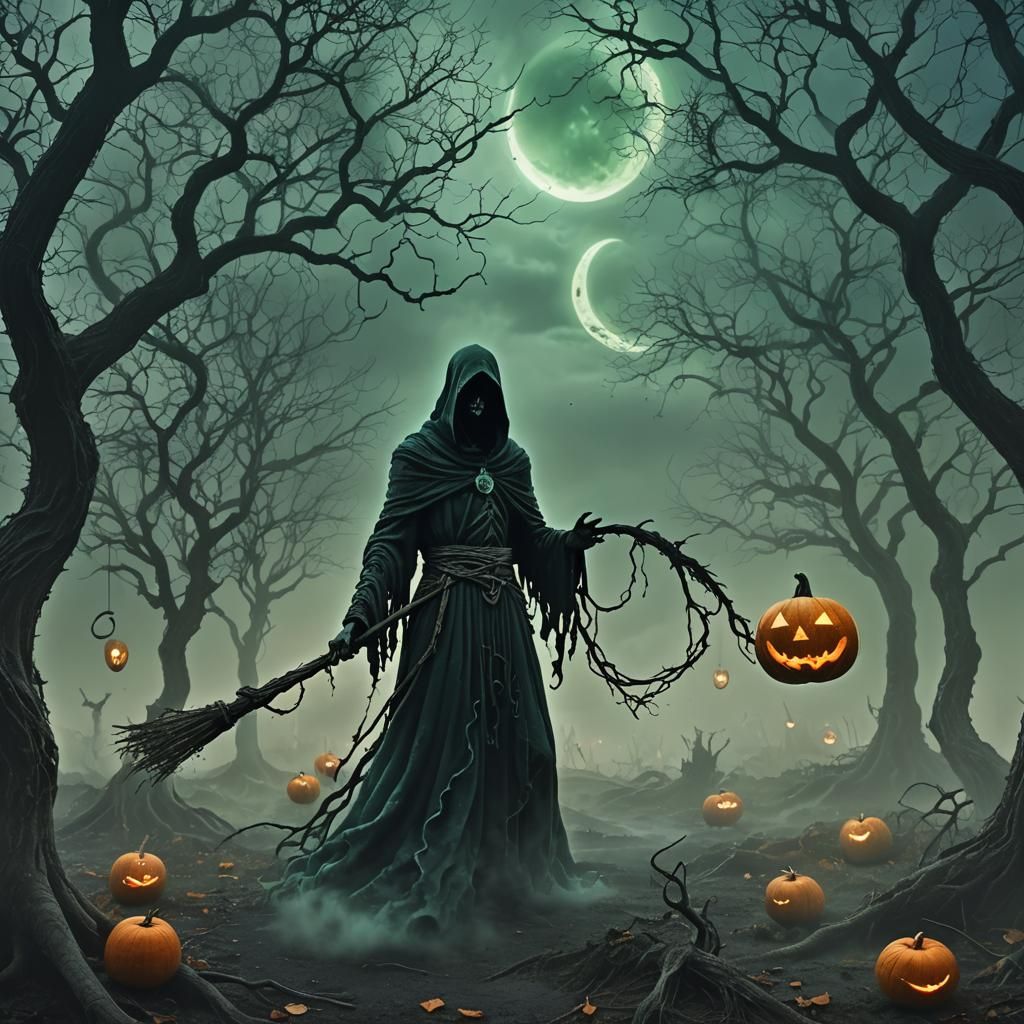 Ethereal Pumpkin Reaper in Surreal Dark Fantasy Scene