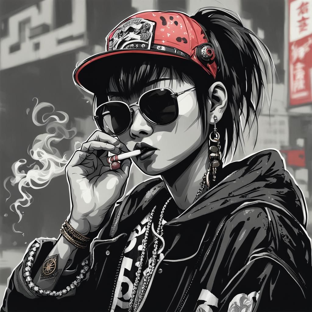 Cool Asian Punk Girl Smoking: Cyberpunk Portrait