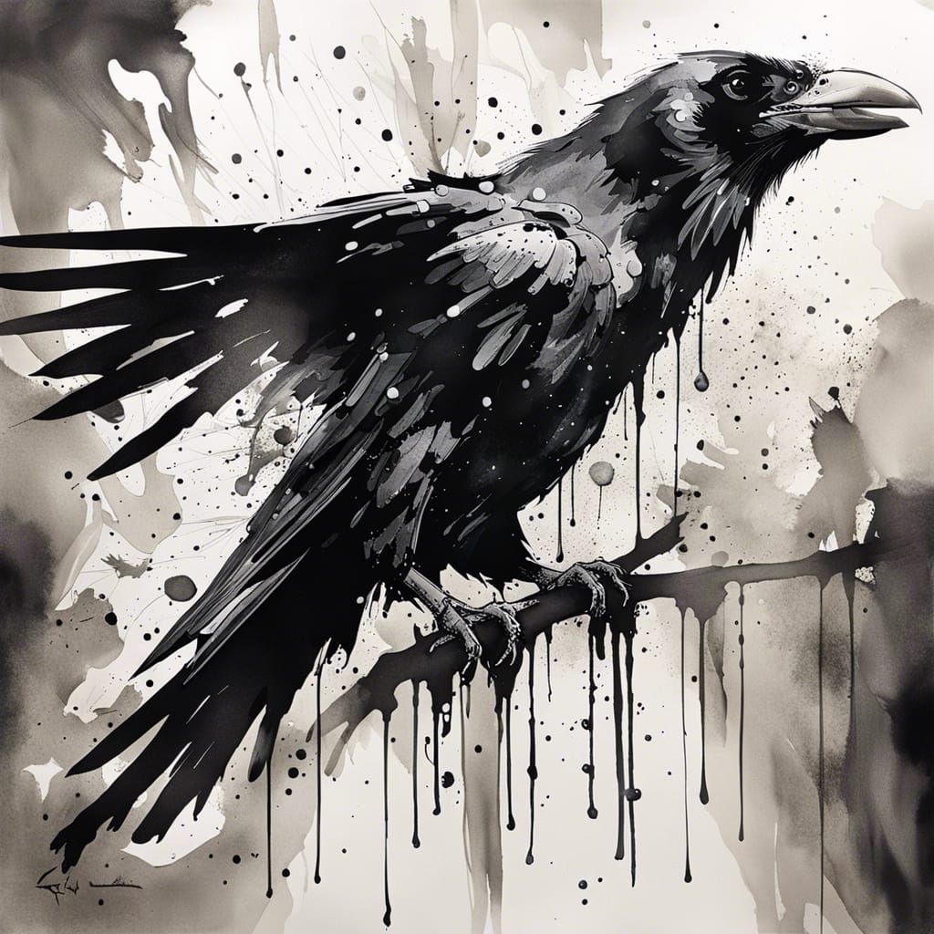 Monochrome Raven Ink Painting in Style of Shinkawa