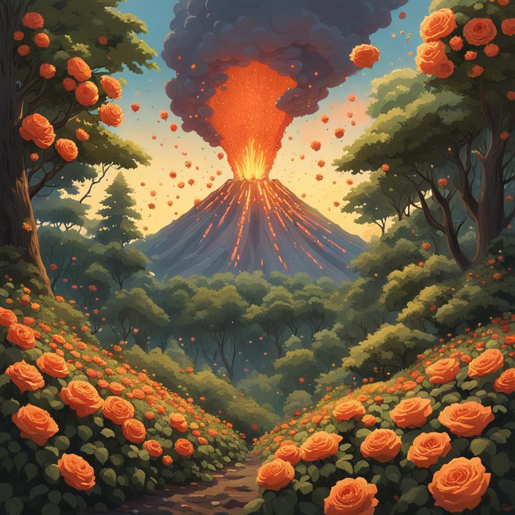 Volcano Eruption of Flowers in Lush Forest