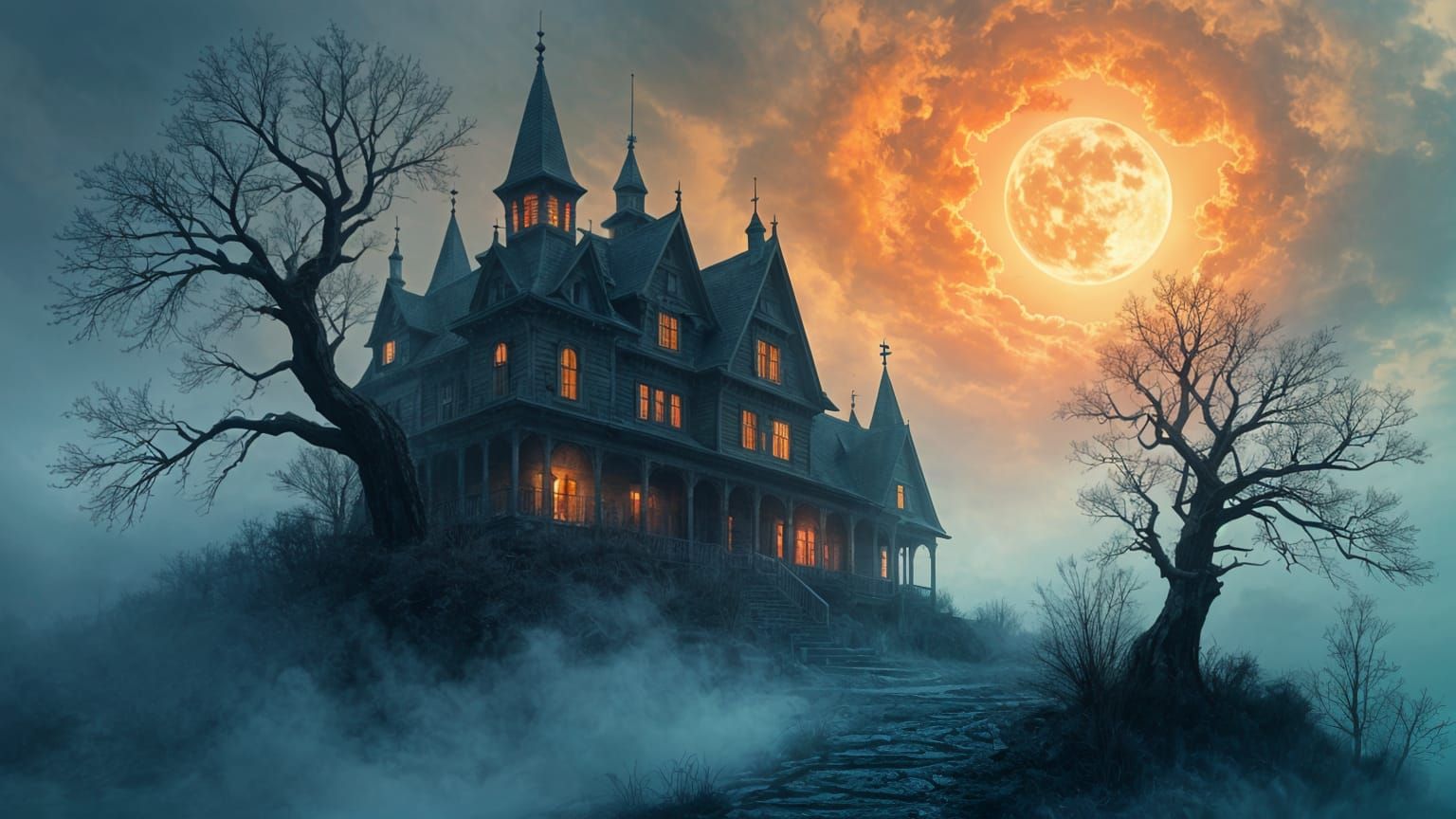 Haunted House Watercolor Painting in Abstract Style