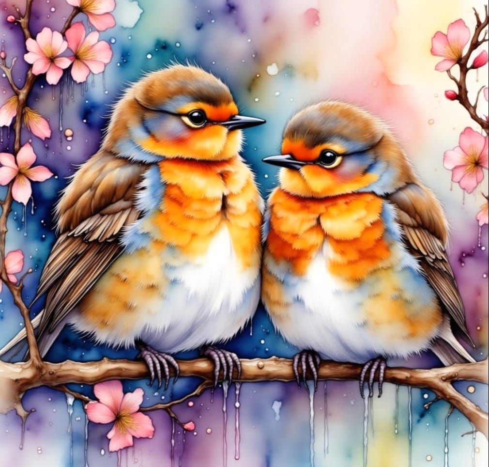 Pink Robins in Watercolor Painterly Style