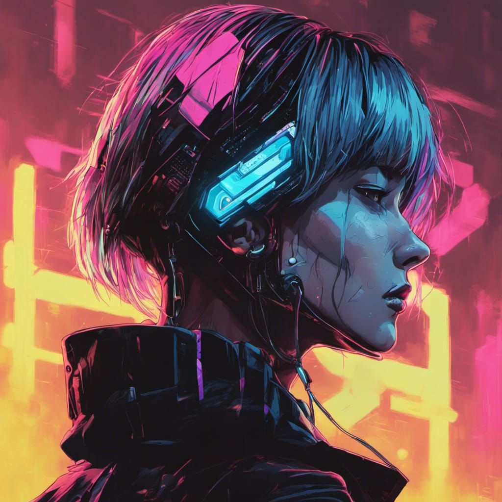 Cyberpunk Head in Hands Neon Illustration