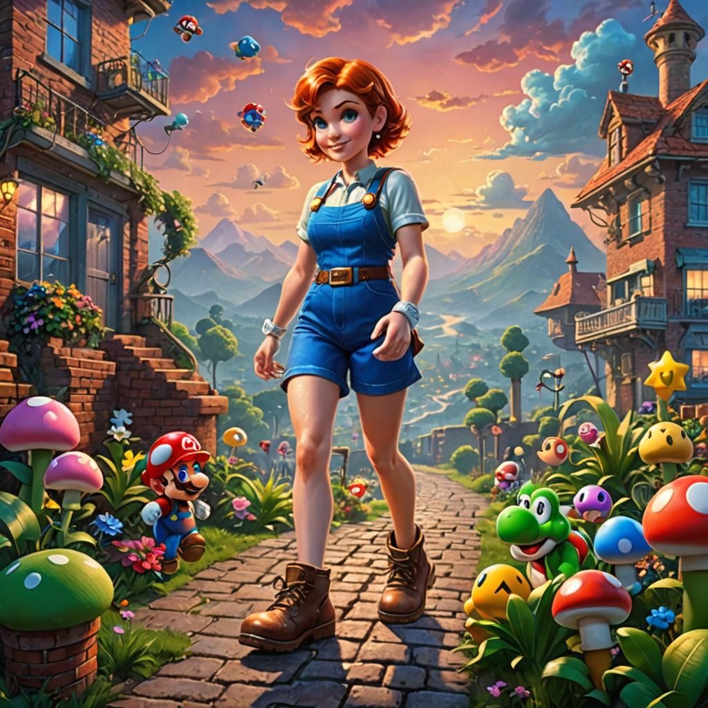 Redhead Girl and Super Mario in Synthwave Style