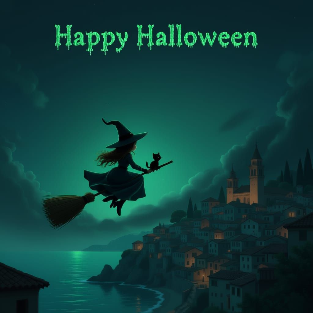 Witch and Cat Flying Over City Made of Binary Code