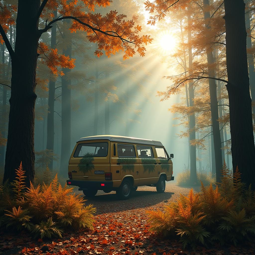 Misty Forest Dawn Camping Scene with Delica Van