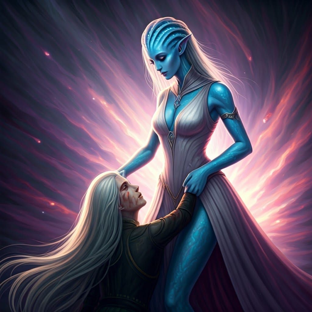 Iridescent Alien Woman Offers Helping Hand