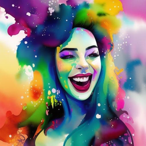 Laughing Witch Portrait in Watercolour Splash Art