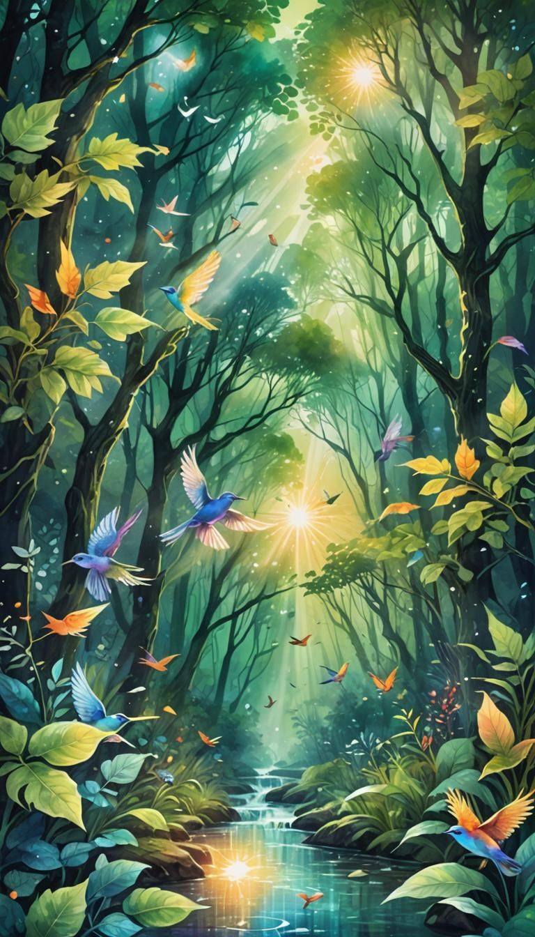 Astral Forest Stream Illustration in Mixed Media