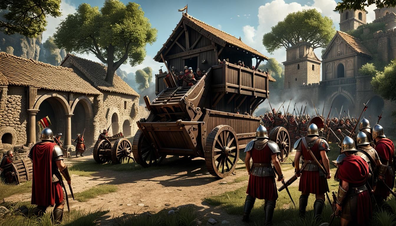 Roman legionaries in siege of a Gallic village with Roman ballista