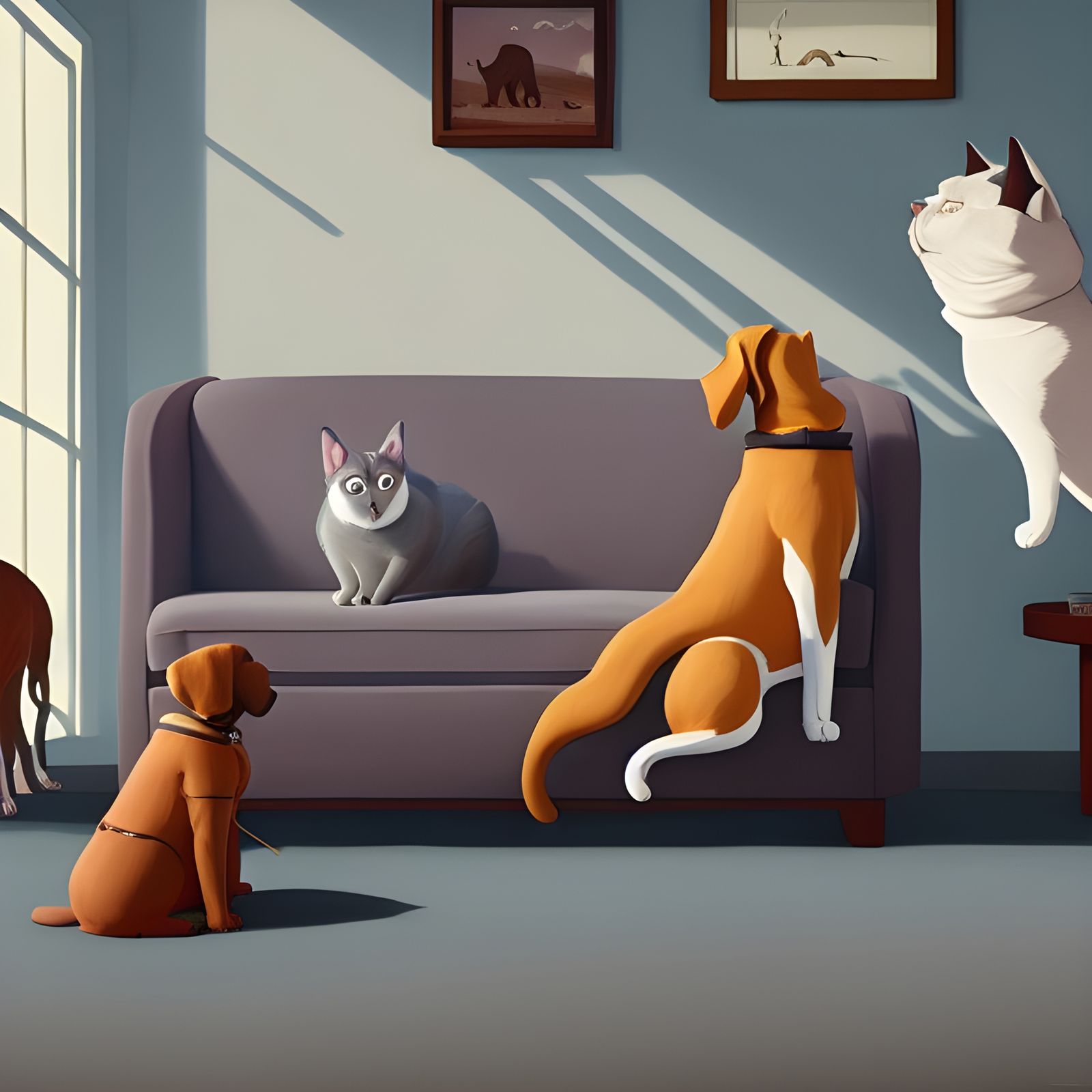 Dog bothering Cat on Couch, Digital Art