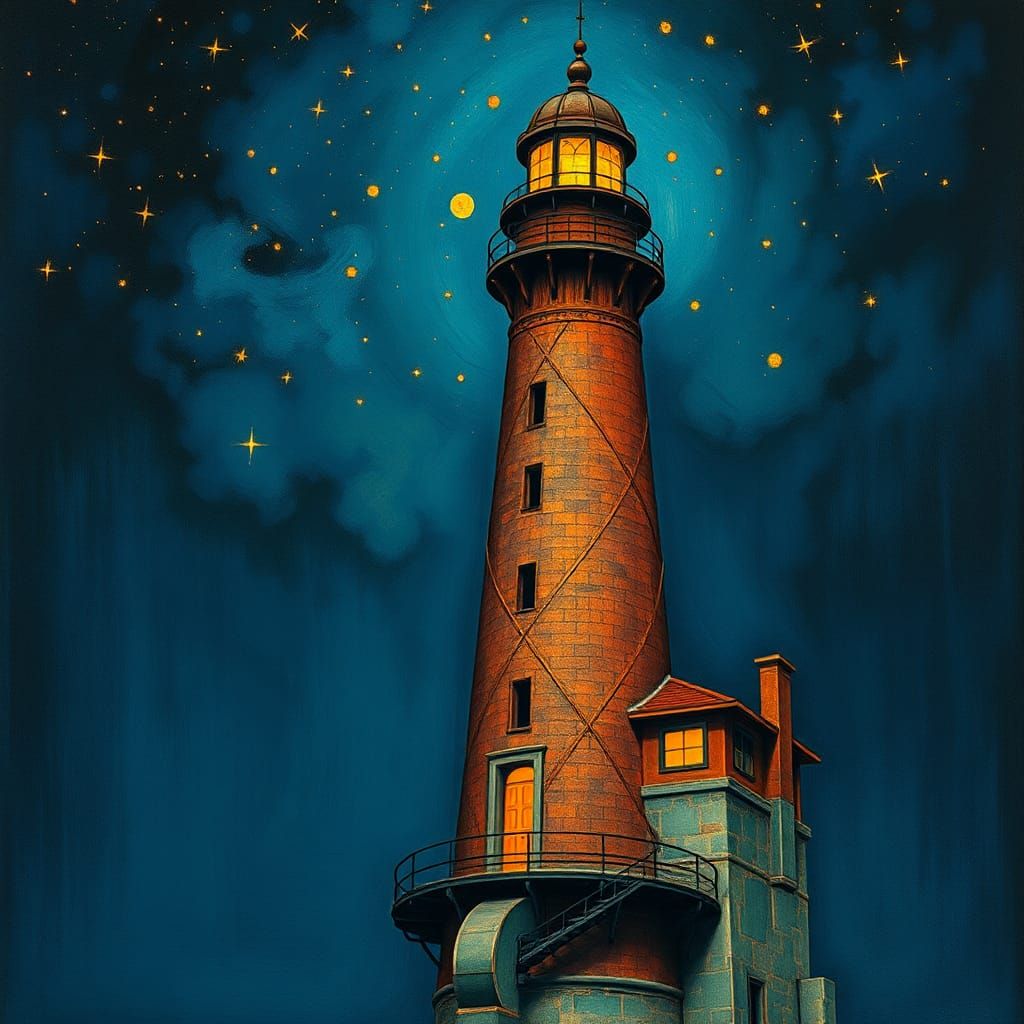 Mystical Lighthouse at Night in Art Nouveau Style